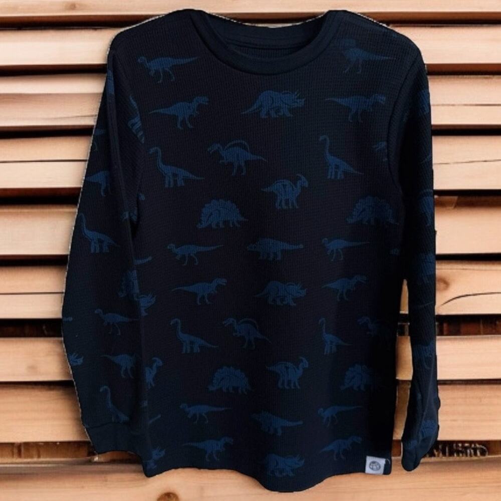 Free Planet‎ Boys Shirt Sz 7 Navy Blue Thermal Waffle Knit Dinosaur Print